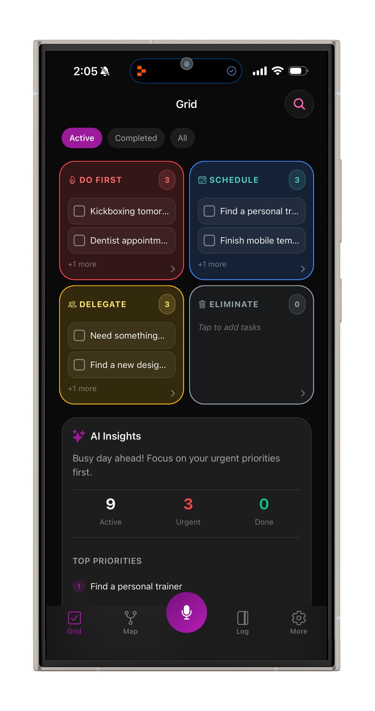 Hambati Grid View - AI-powered task management organized by urgency and importance using the Eisenhower Matrix